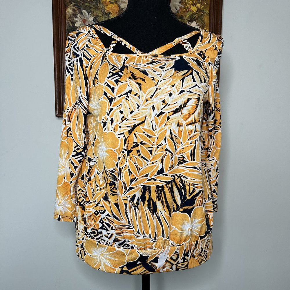 SJS Blouse Top Women's Medium Square Neck 3/4 Sleeve Orange Floral Casual